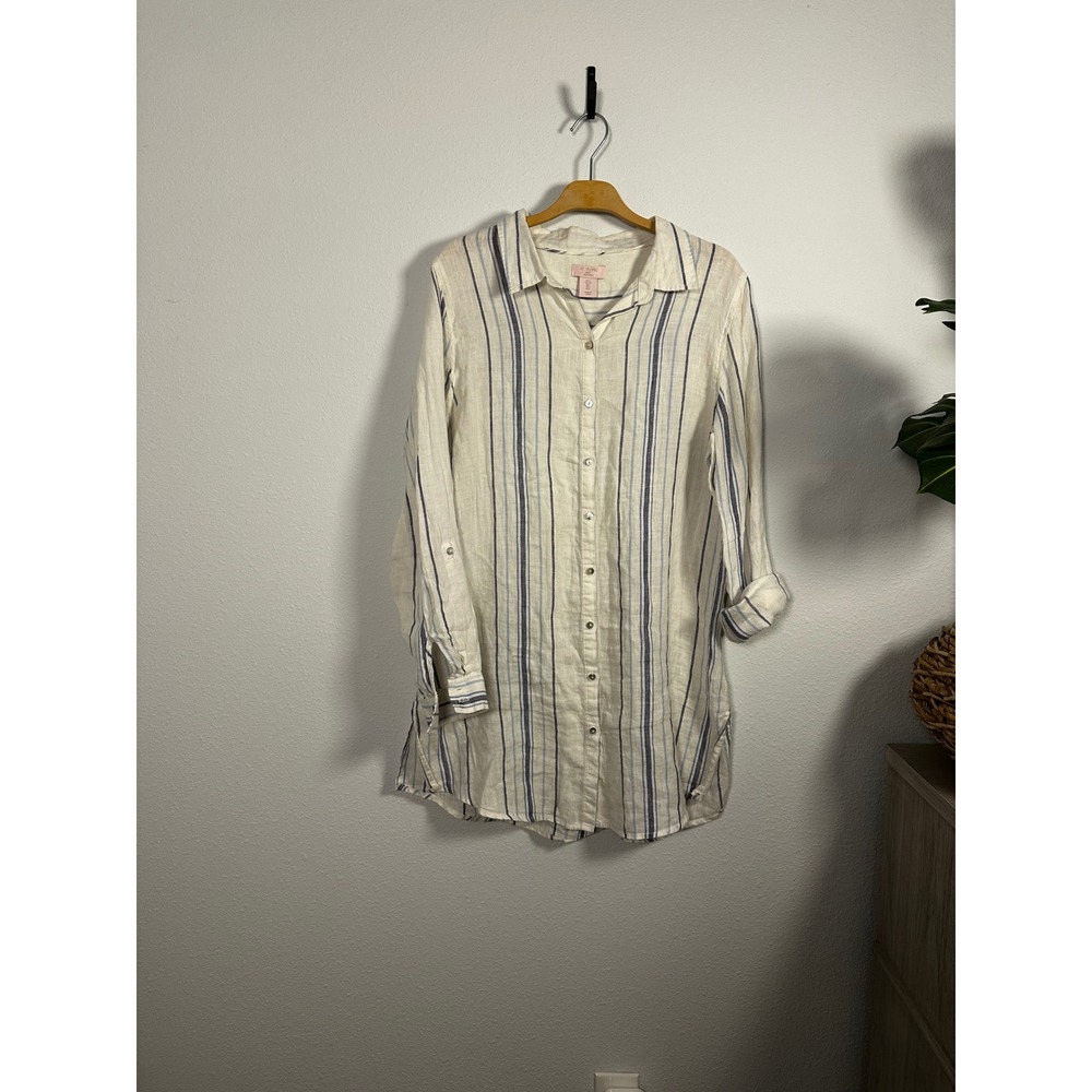 ST. TROPEZ Linen Blend Blue Striped Button Down Shirt Tunic Women Large‎